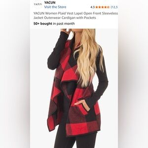 YACUN Women Plaid Vest Open Front Sleeveless Jacket Cardigan w/ Pockets. Large
